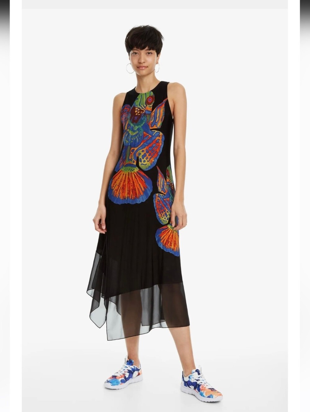 Desigual Black Asymmetrical Midi Dress with Bright Floral Motif